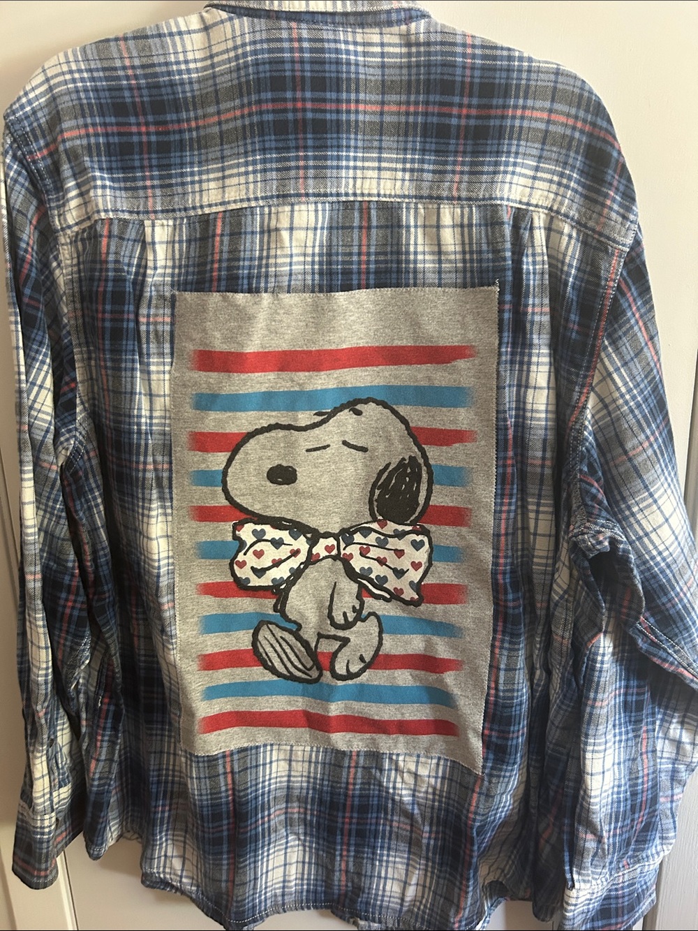 Faded Glory Blue Plaid Button-Down Shirt with Snoopy Patch 2XL